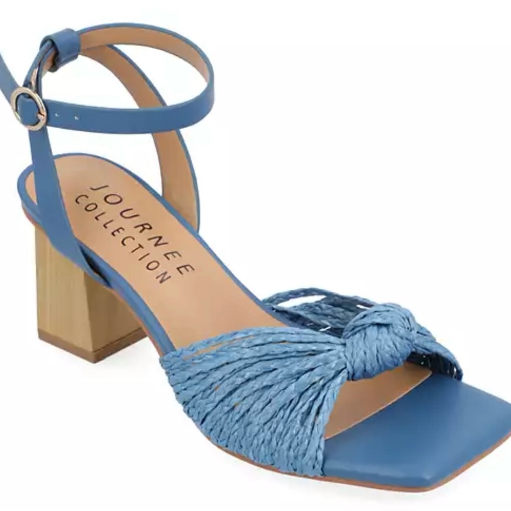 Journee Collection Blue Sandals with Chunky Heel and Knotted Straps